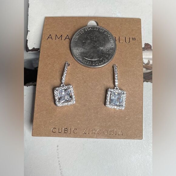 NEW! Square Halo Crystal Drop Earrings Silver Genuine Cubic Zirconia NWT - Picture 6 of 6